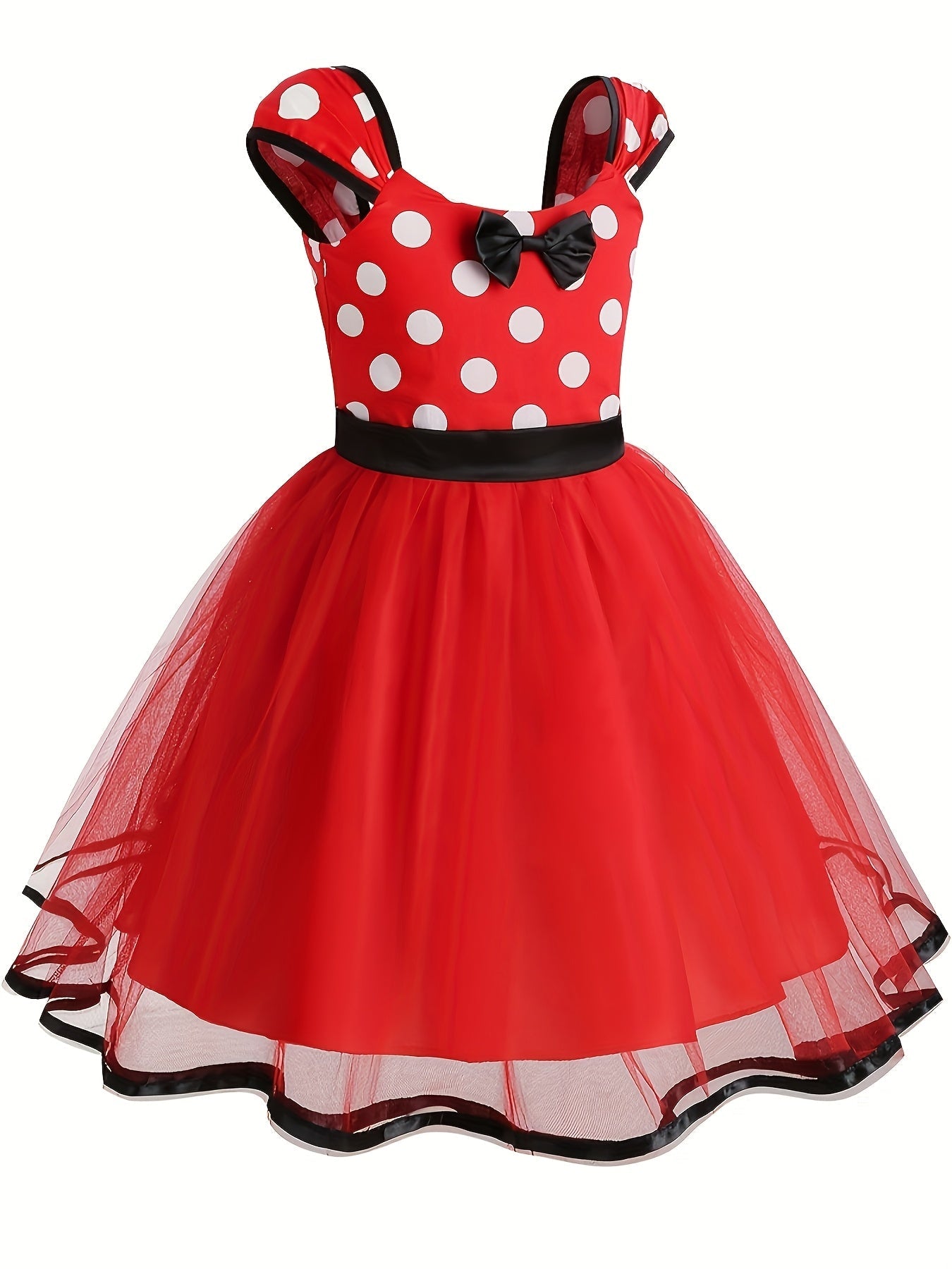 Girls Polka Dot Tulle Dress | Classic Red With Black Bow VexonGear