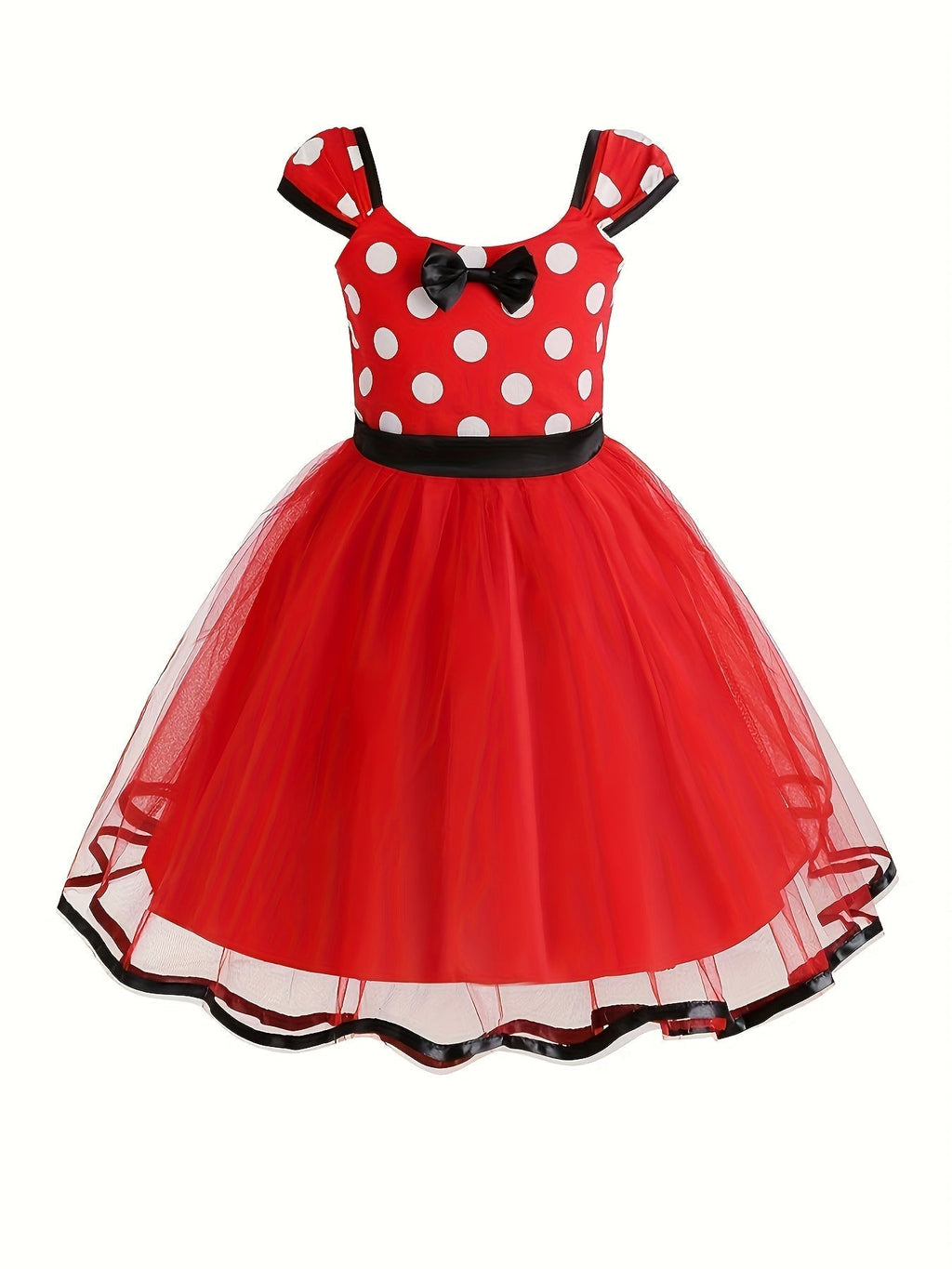 Girls Polka Dot Tulle Dress | Classic Red With Black Bow VexonGear