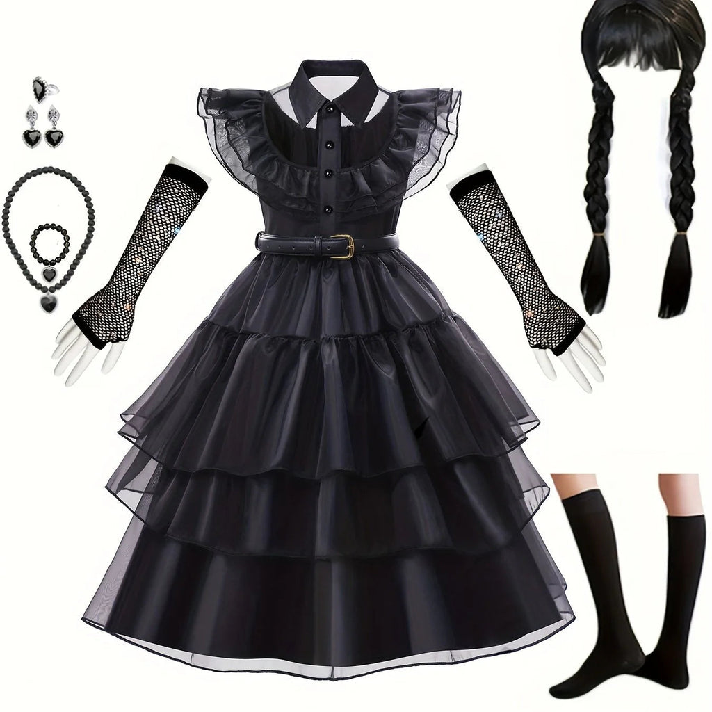 Gothic Tiered Dress | Black Ruffled Costume With Accessories VexonGear