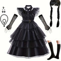 Gothic Tiered Dress | Black Ruffled Costume With Accessories VexonGear