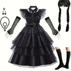 Gothic Tiered Dress | Black Ruffled Costume With Accessories VexonGear