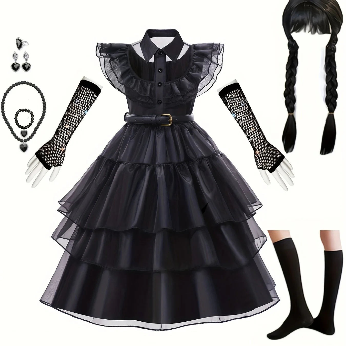 Gothic Tiered Dress | Black Ruffled Costume With Accessories VexonGear