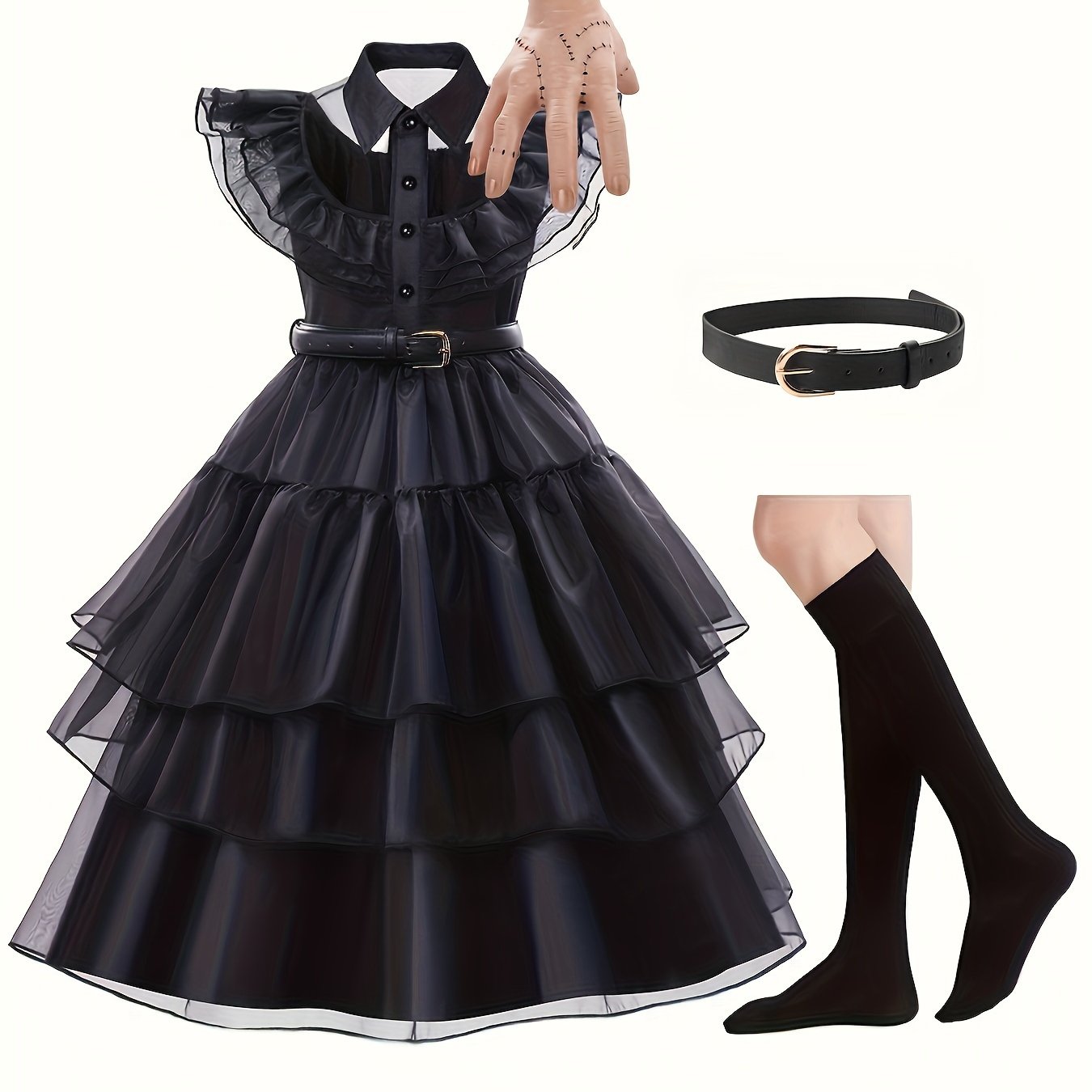 Gothic Tiered Dress | Black Ruffled Costume With Accessories VexonGear