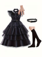 Gothic Tiered Dress | Black Ruffled Costume With Accessories VexonGear