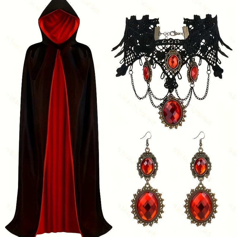 Gothic Halloween Cape | Black & Red Reversible Cloak With Jewelry Set VexonGear
