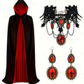 Gothic Halloween Cape | Black & Red Reversible Cloak With Jewelry Set VexonGear