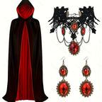 Gothic Halloween Cape | Black & Red Reversible Cloak With Jewelry Set VexonGear