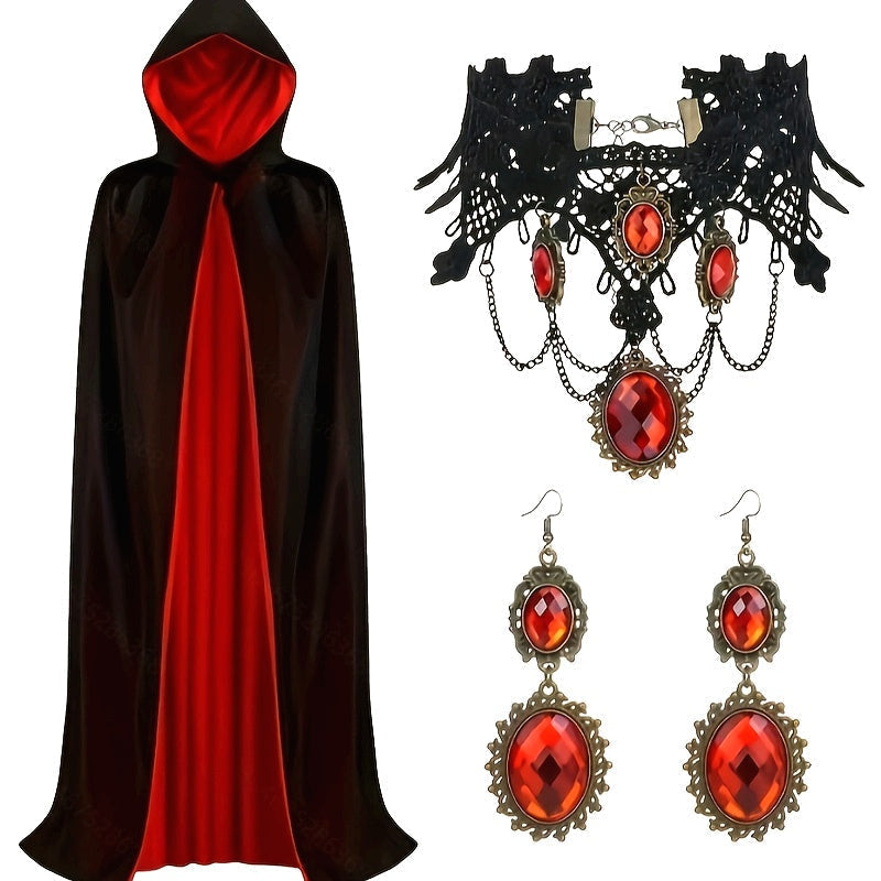 Gothic Halloween Cape | Black & Red Reversible Cloak With Jewelry Set VexonGear