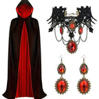 Gothic Halloween Cape | Black & Red Reversible Cloak With Jewelry Set VexonGear