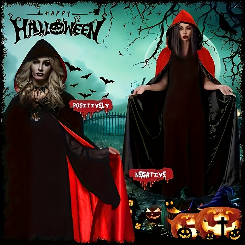 Gothic Halloween Cape | Black & Red Reversible Cloak With Jewelry Set VexonGear
