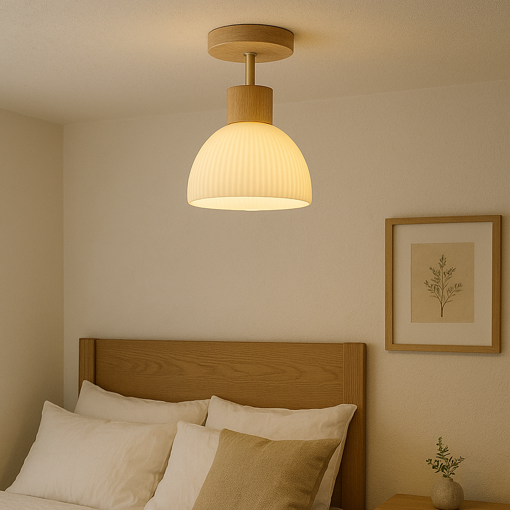 Flush Mount Ceiling Light, Wood and Glass, E27 Base, 18cm Diameter VexonGear