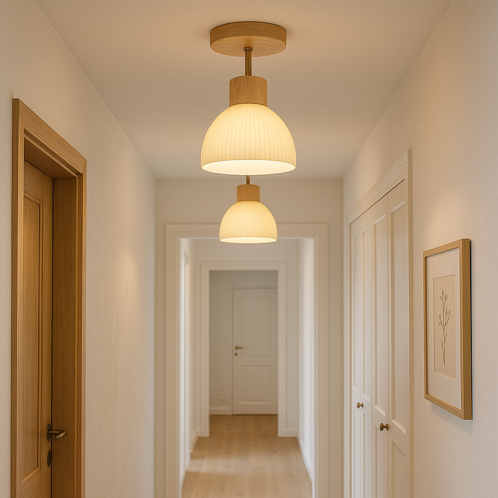 Flush Mount Ceiling Light, Wood and Glass, E27 Base, 18cm Diameter VexonGear