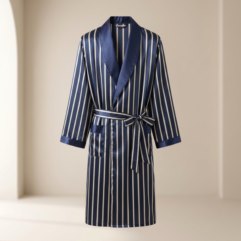 Men's Satin Robe Kimono Style Navy Stripe Lightweight VexonGear