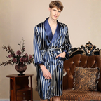 Men's Satin Robe Kimono Style Navy Stripe Lightweight VexonGear