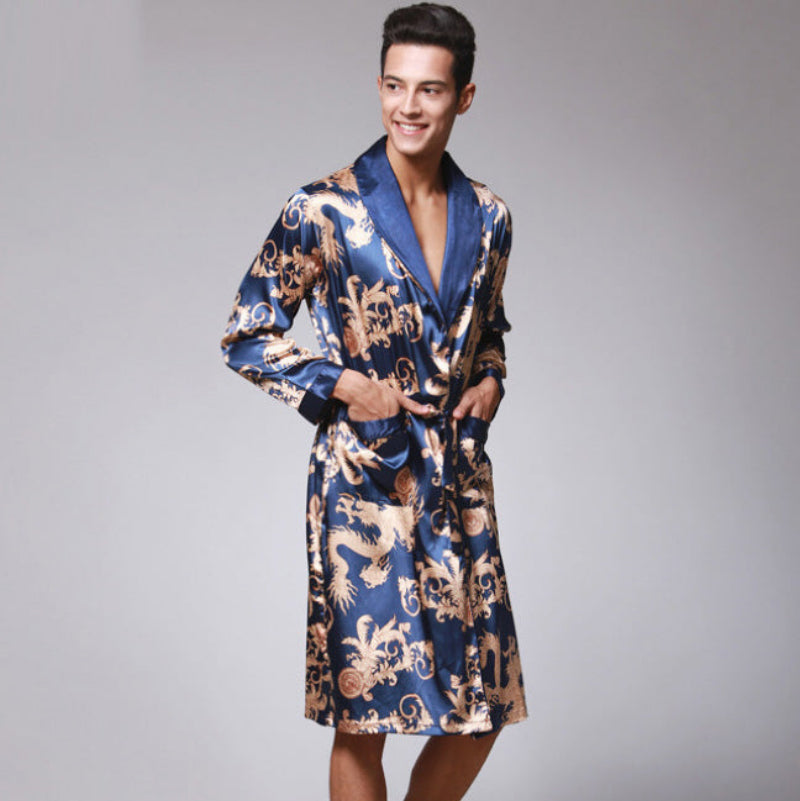 Mens Robe Kimono Style Knee Length Navy Blue VexonGear