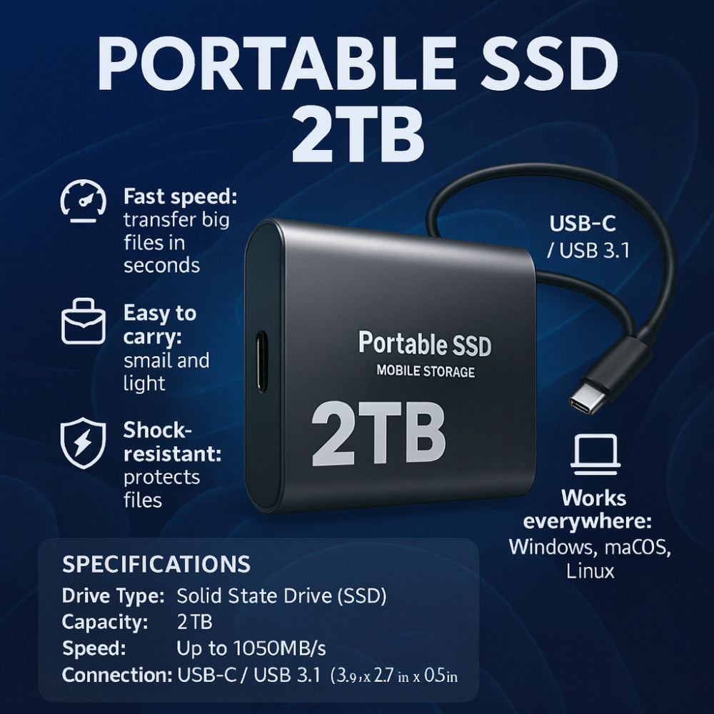 Wydajny 2TB zewnętrzny dysk SSD – Przenośna pamięć dla laptopów i komputerów stacjonarnych VexonGear