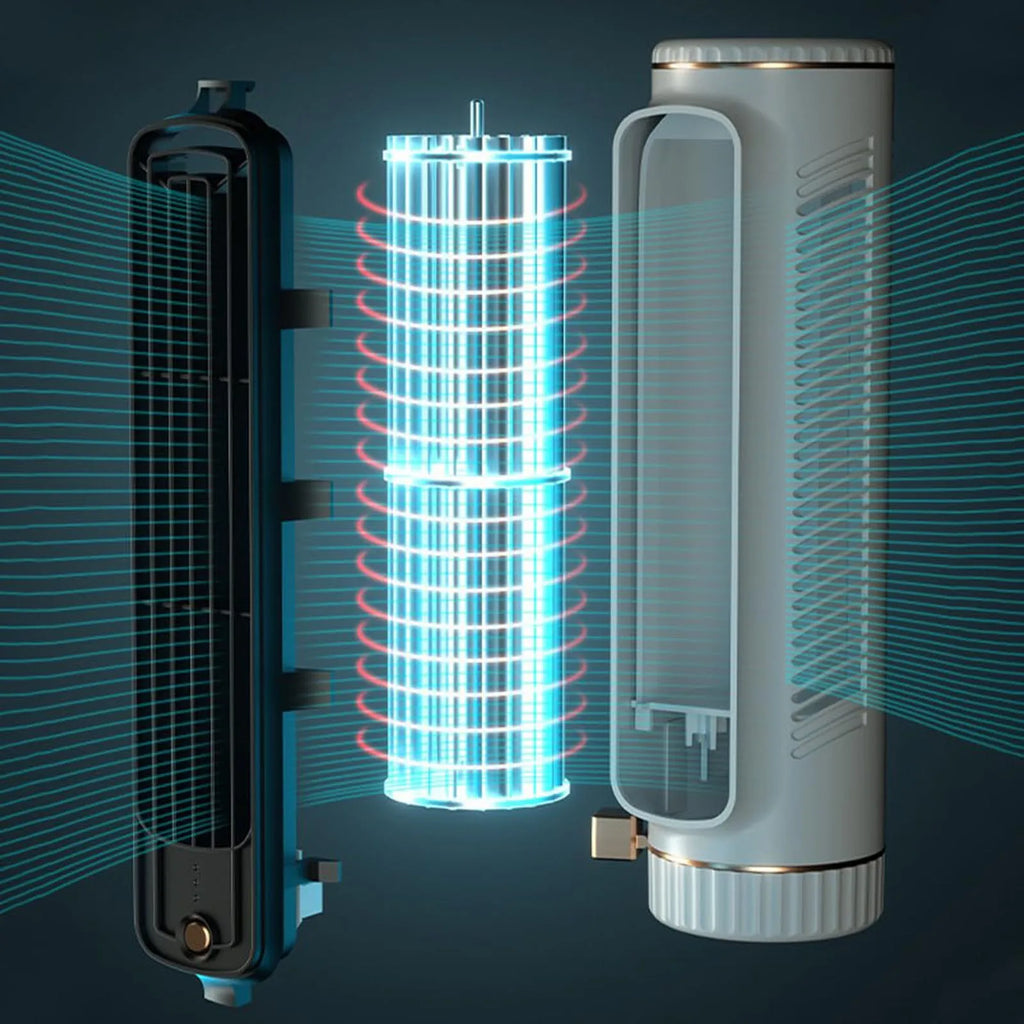 Portable Tower Fan, Bladeless Design, 360° Air Circulation, Battery Operated
