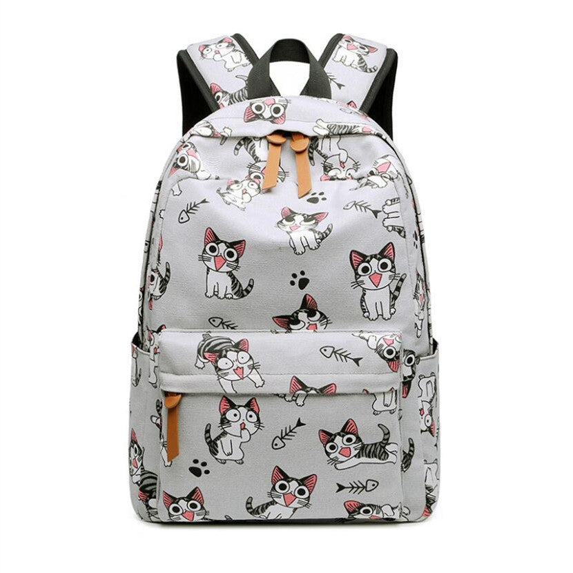 Kawaii Cat Pattern Backpack | Canvas School Bag With Fish Bone Print VexonGear