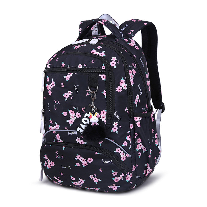 Floral School Backpack | Pink Botanical Print With Pom Charm VexonGear