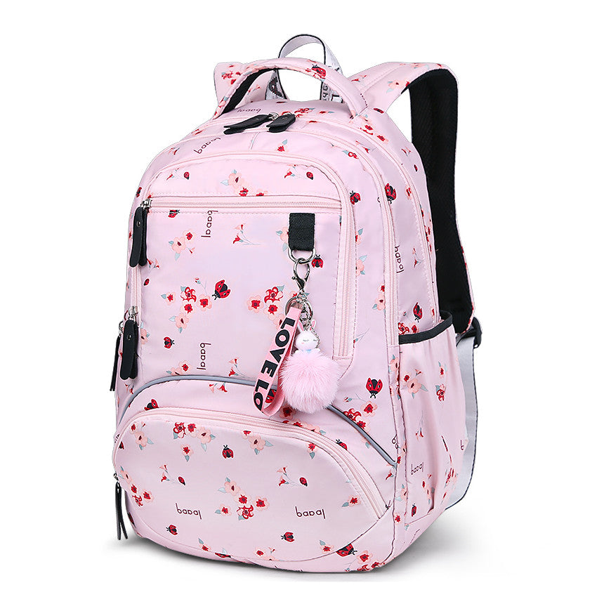 Floral School Backpack | Pink Botanical Print With Pom Charm VexonGear