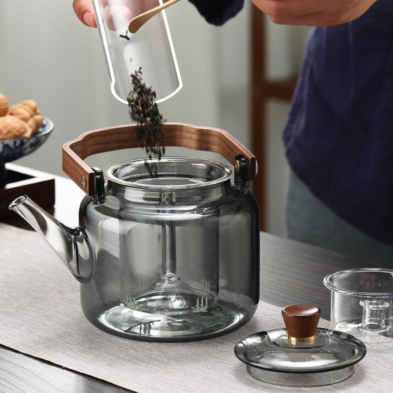 Glass Teapot with Wood Handle | Smoked Glass Tea Brewing Pot VexonGear