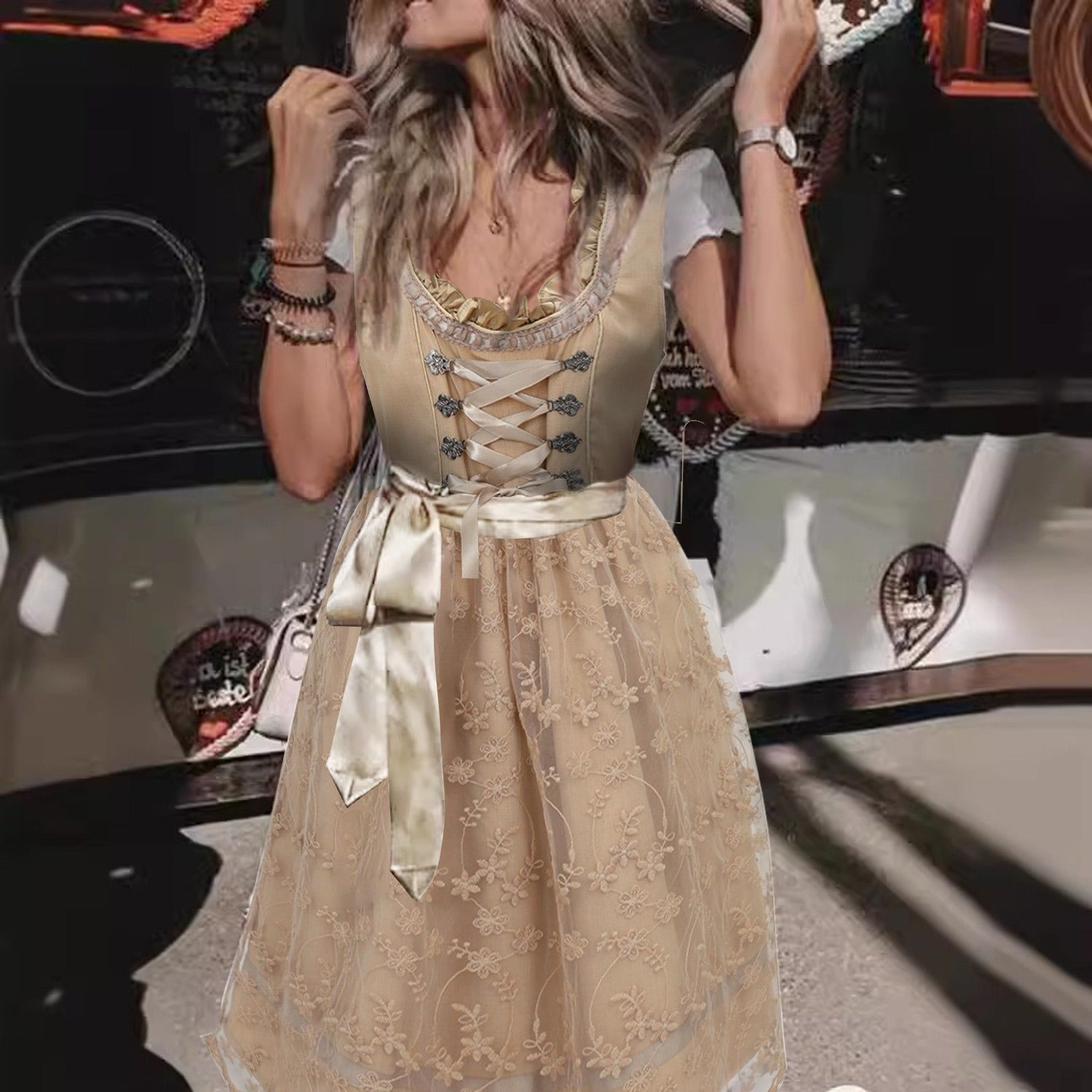Traditional Dirndl Dress | Vintage Apricot With Lace Apron VexonGear