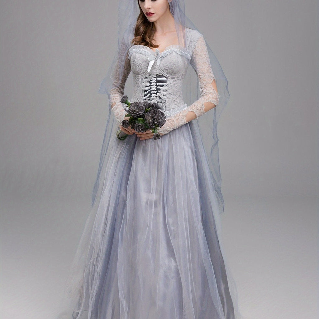 Women’s Gothic Corpse Bride Halloween Costume Dress | Lace Maxi Gown VexonGear