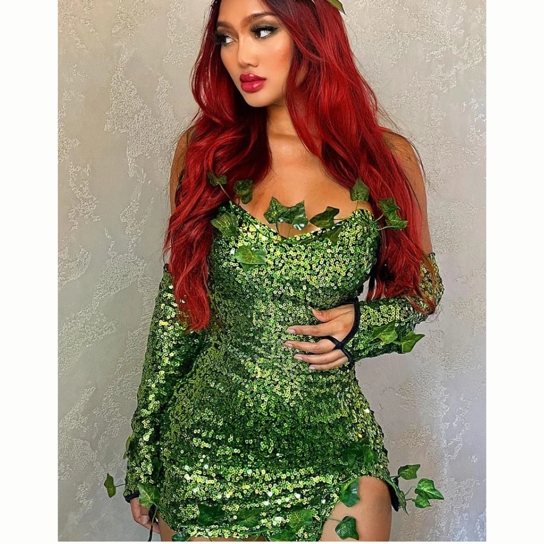 Fantasy Sequin Costume Halloween Dress | Strapless Leaf Mini Dress VexonGear