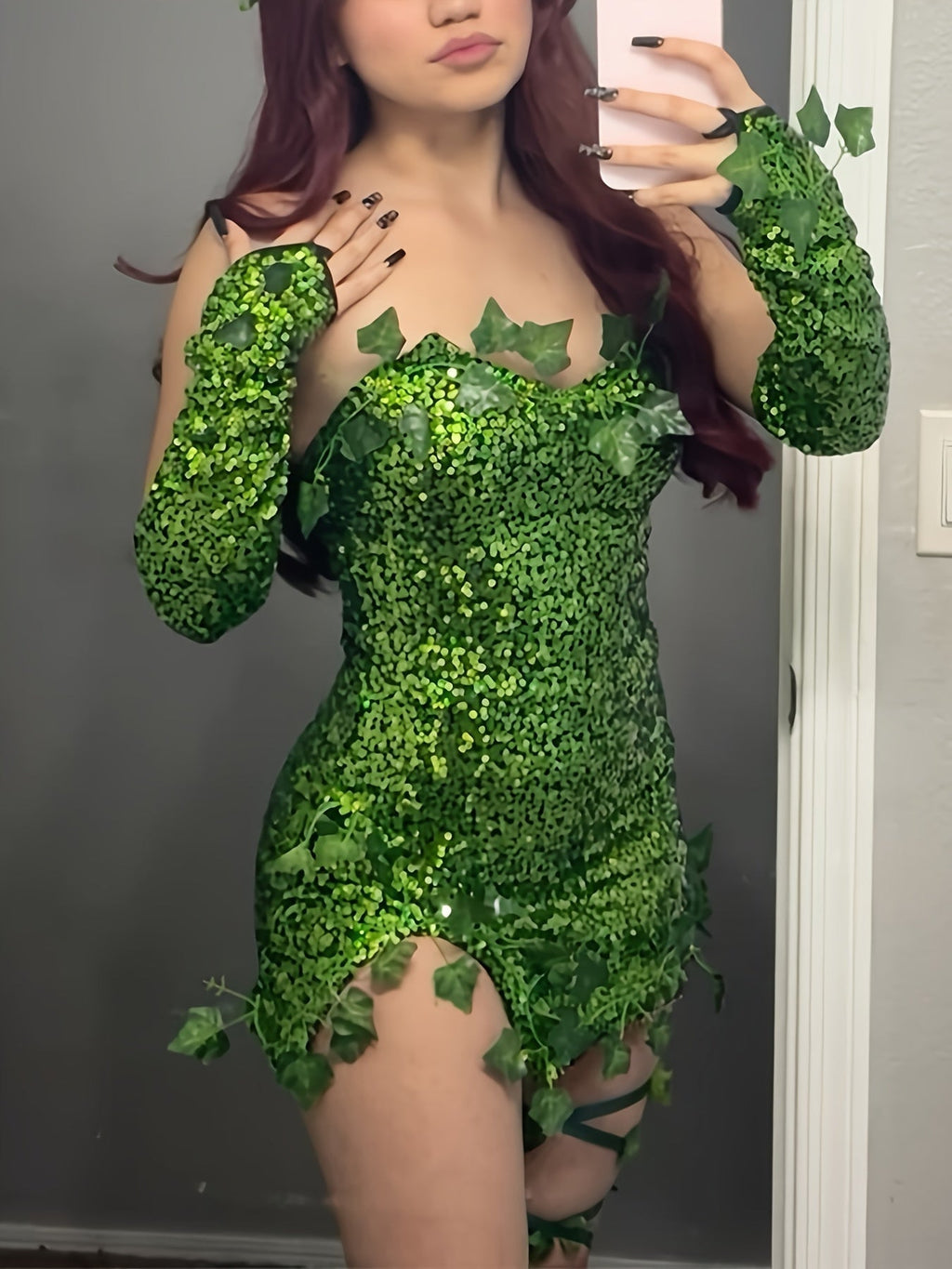 Fantasy Sequin Costume Halloween Dress | Strapless Leaf Mini Dress VexonGear