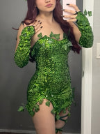 Fantasy Sequin Costume Halloween Dress | Strapless Leaf Mini Dress VexonGear