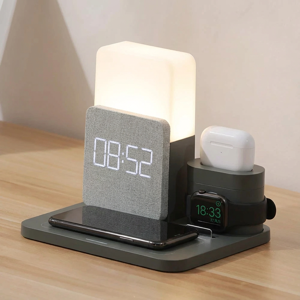 Wireless Charging Station with Alarm Clock and Adjustable Lamp, 15W Output