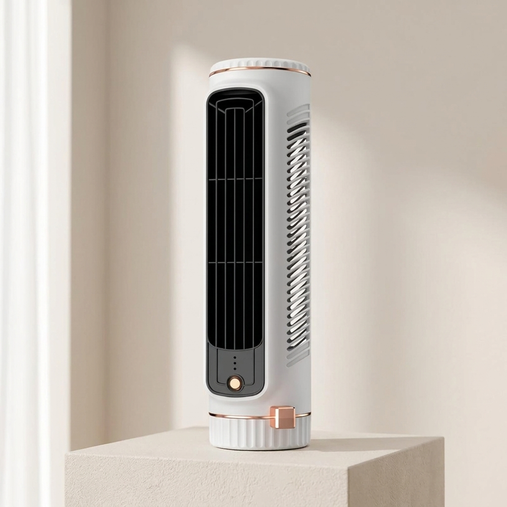 Portable Tower Fan, Bladeless Design, 360° Air Circulation, Battery Operated