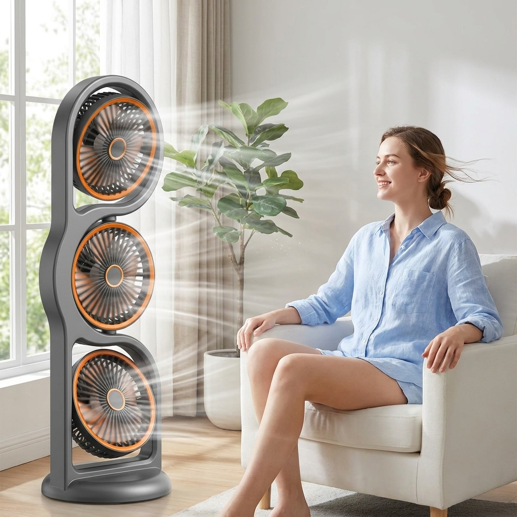 Portable Fan Three Head Design USB Rechargeable 1200mAh Battery 5 Speed Settings