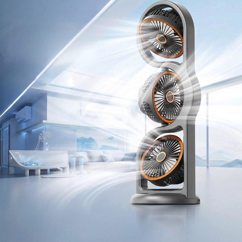 Portable Fan Three Head Design USB Rechargeable 1200mAh Battery 5 Speed Settings