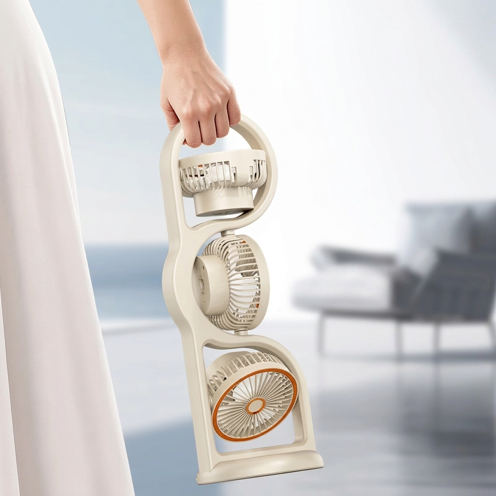 Portable Fan Three Head Design USB Rechargeable 1200mAh Battery 5 Speed Settings