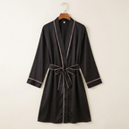 Womens Robe Satin Fabric V Neck Knee Length Black with Pink Trim VexonGear