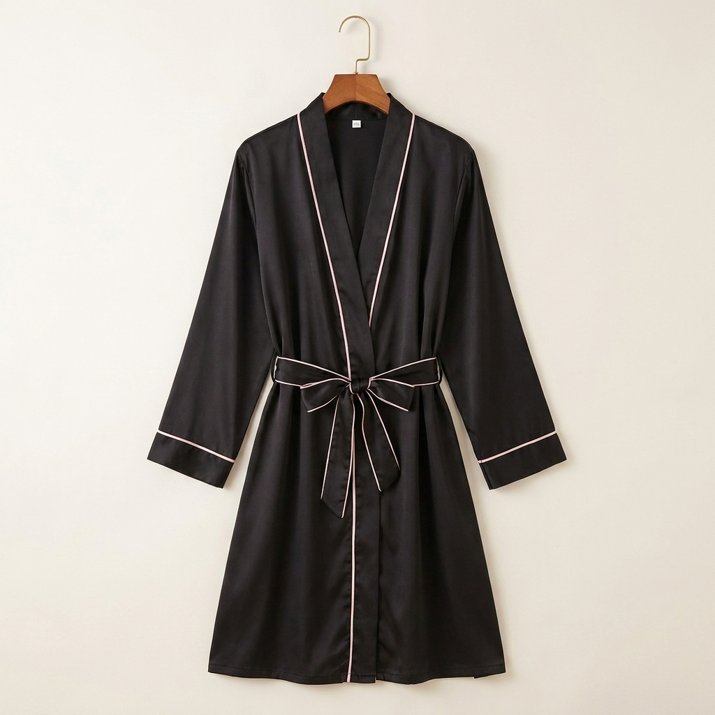 Womens Robe Satin Fabric V Neck Knee Length Black with Pink Trim VexonGear
