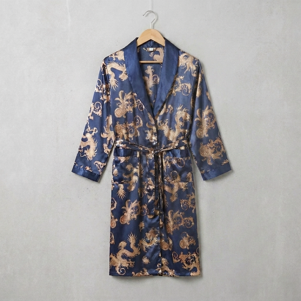 Mens Robe Kimono Style Knee Length Navy Blue VexonGear