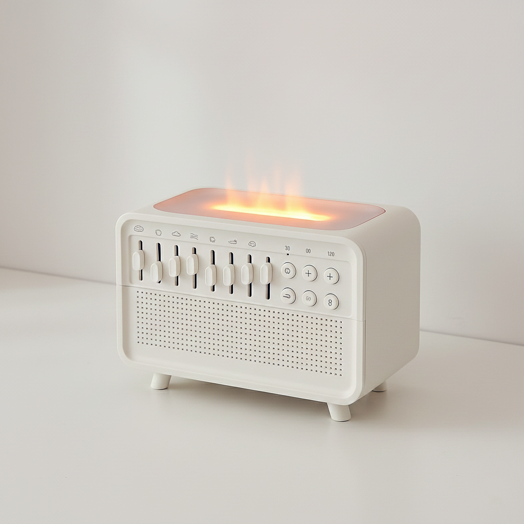 White Noise Machine USB Powered, Built-In Humidifier and Flame-Effect Light, ABS Housing